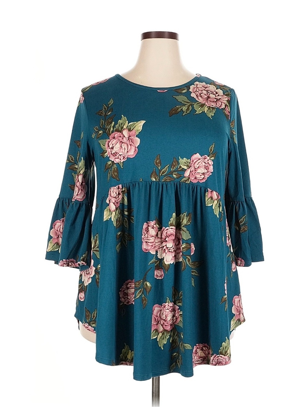 Reborn J Teal Floral Bell Sleeve Tunic